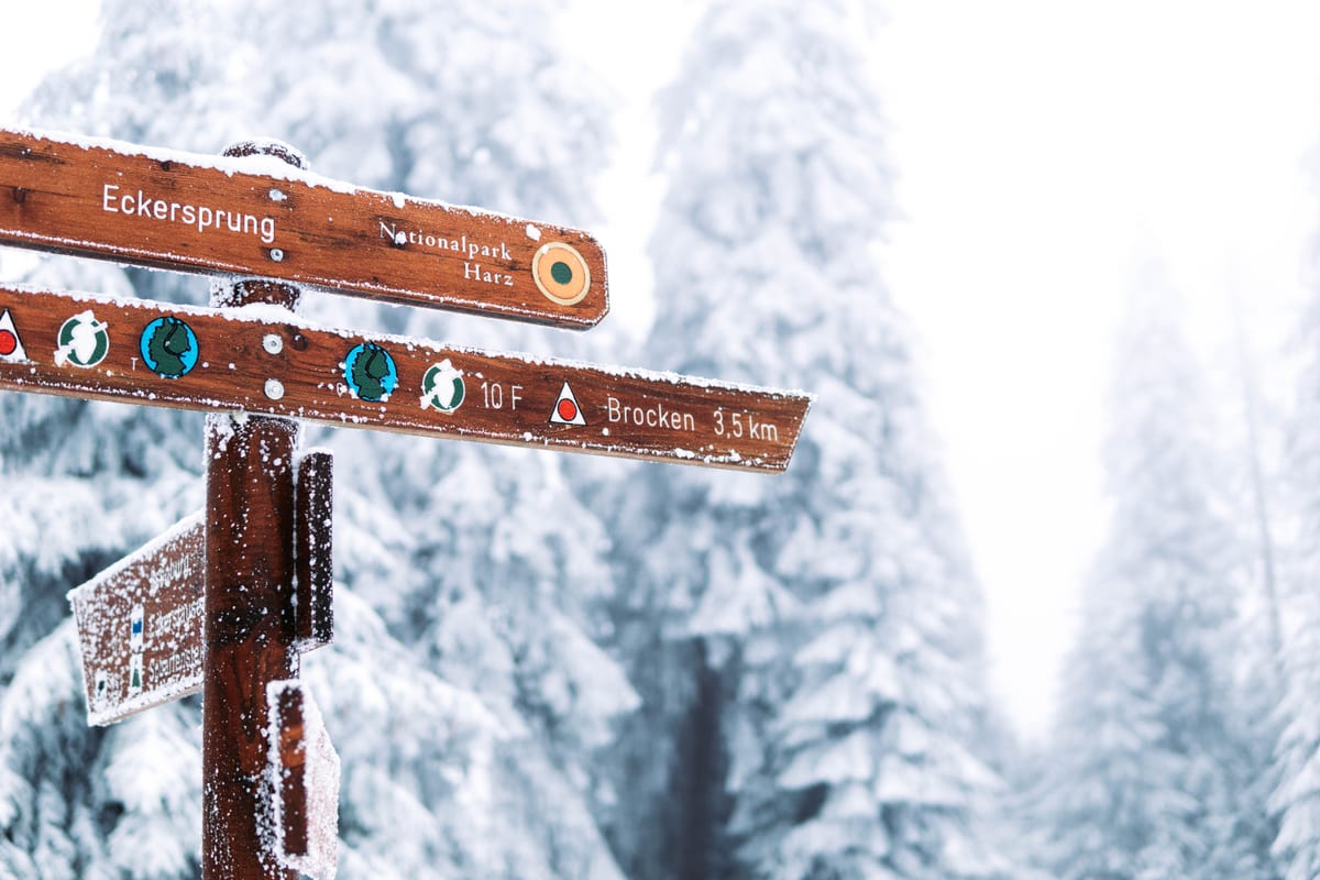 Verschneite Wanderwegweiser zum Eckersprung und Brocken vor einem winterlichen Nadelwald.