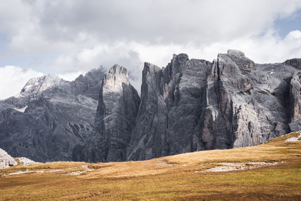 A sunlit alpine meadow in front of a towering grey rock face with jagged pinnacles.